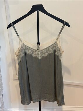 Zara Woman Sage Green Silk Cami with Cream Lace